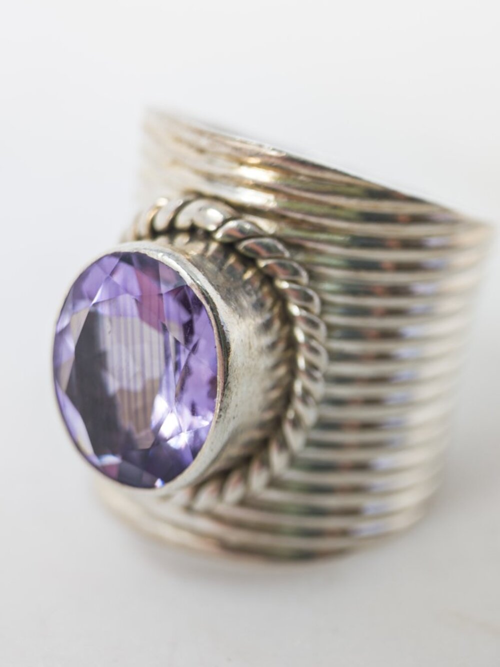 Sterling Silver Amethyst Ribbed Band Ring, PTI India, Size 6